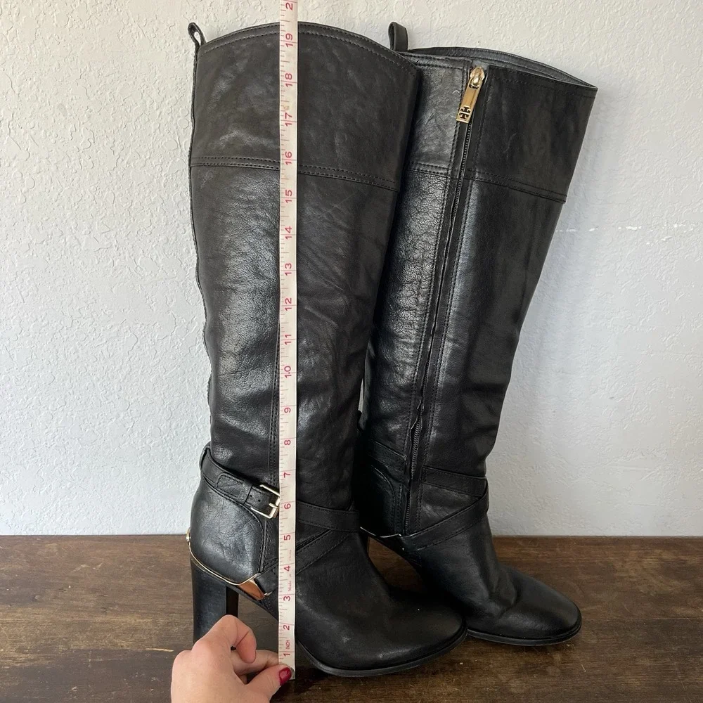 Tory‎ Burch Livingston Leather Riding Boot Black Equestrian Heel Tall Buckle 7.5